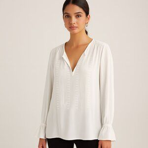 NYDJ White Long Puff Sleeve Popover Blouse Embroidery Accented Size Large